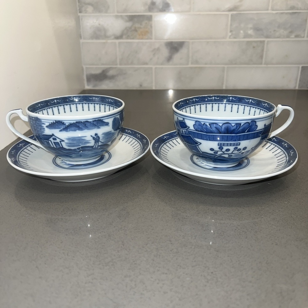 Vintage LJ Japan Blue & White Porcelain (2 Sets) Tea Cups And Saucers